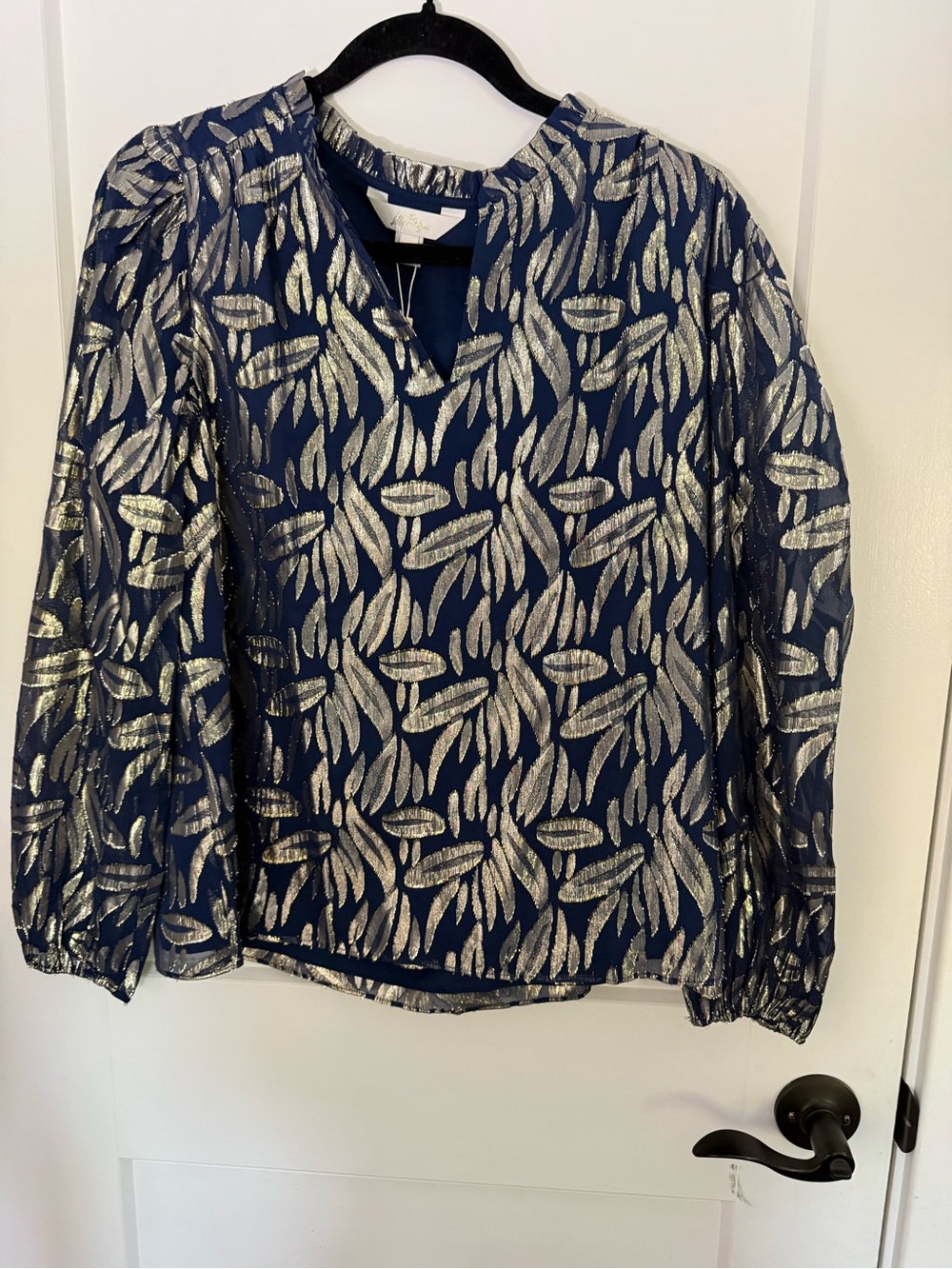 Lilly Pulitzer Navy Long-Sleeve Top with Silver Metallic Leaf Pattern